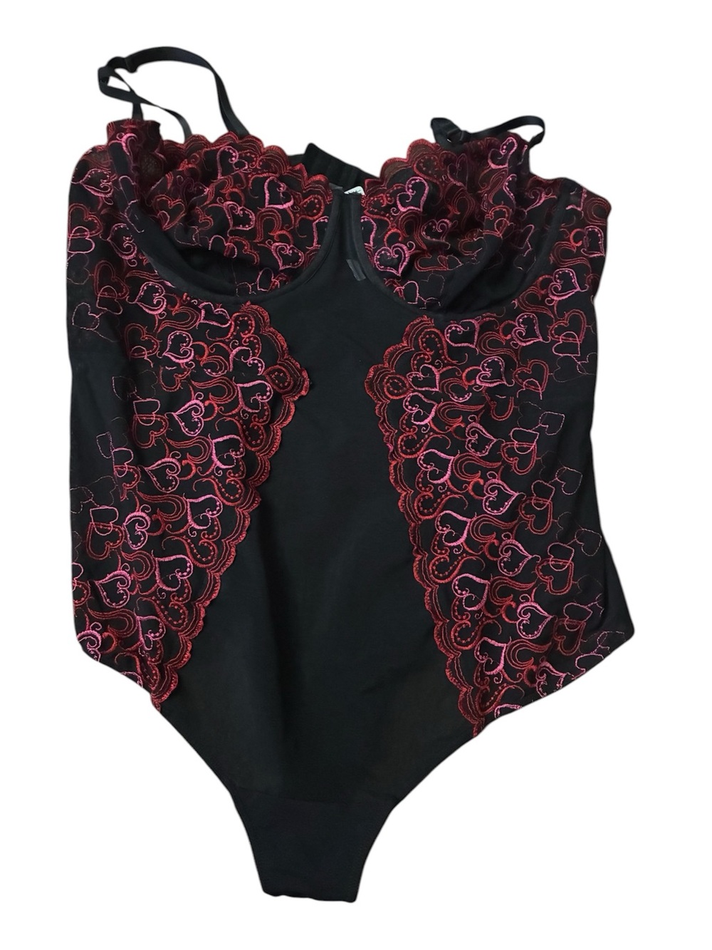 torrid Black Bodysuit with Red and Pink Lace Accents